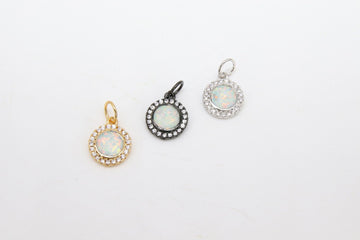 Tiny Gold Opal Round Charms, CZ Micro Pave 10 mm Silver Circle Charms #390, White Opal Black Charm